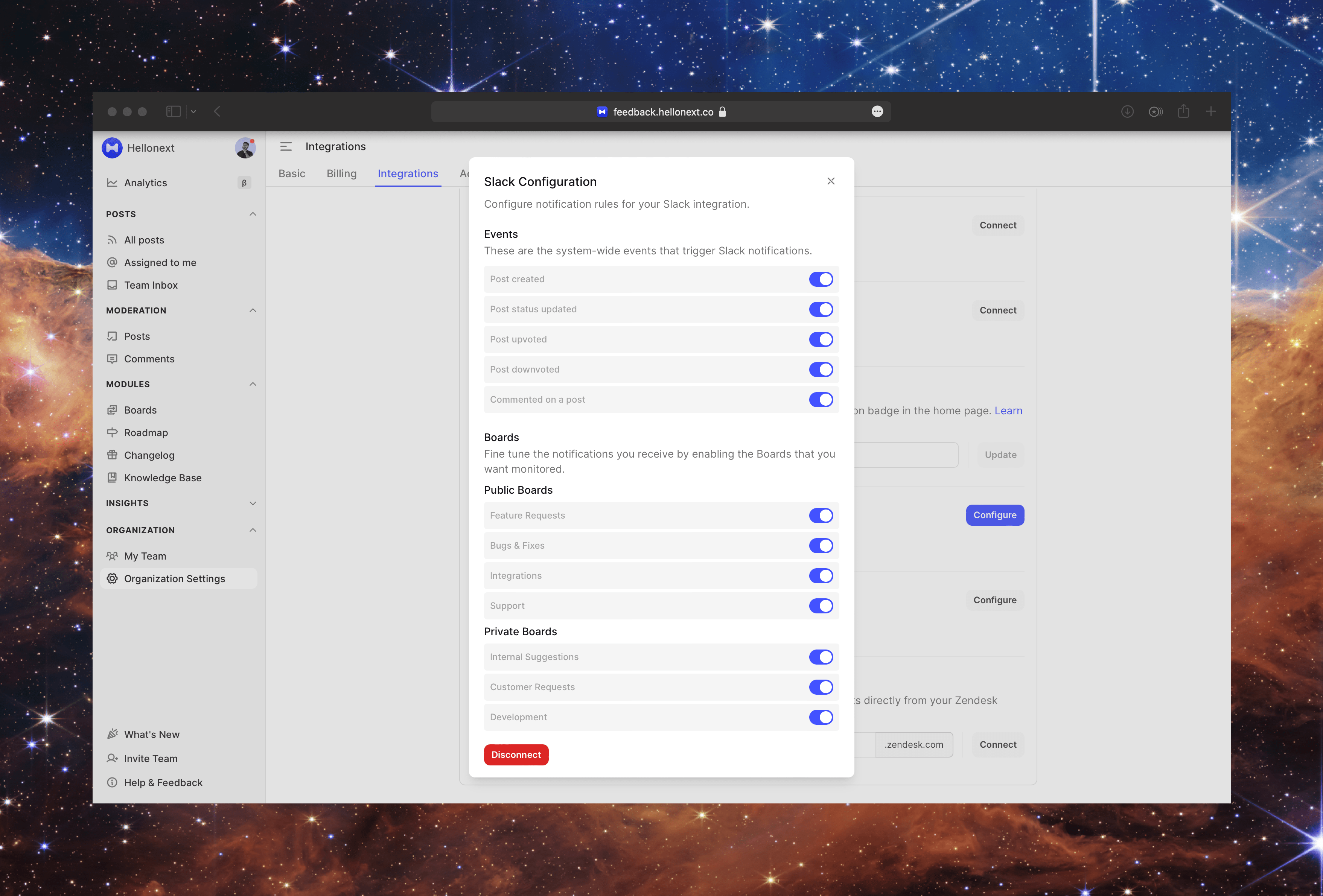 Hellonext Admin Panel Settings for Slack integration